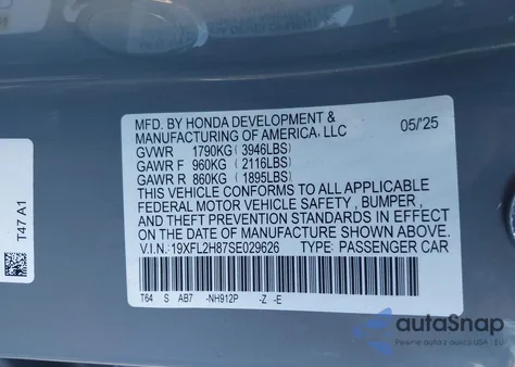 2025 Honda Civic Sedan Sport from USA, damaged, VIN 19XFL2H87SE029626